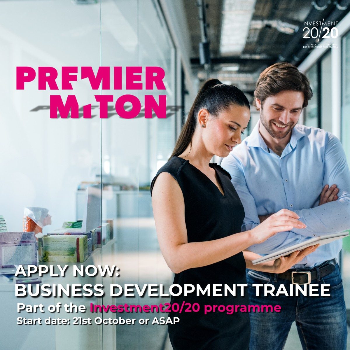 Premier Miton Business Development Trainee design in the partner's brand colours